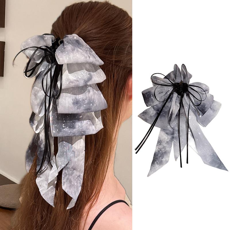 

Crushed Flower Multi-Layer Bow Fluttering Ribbon Hair Clip Female Low Ponytail Grab Clip Back Of Head Shark Clip