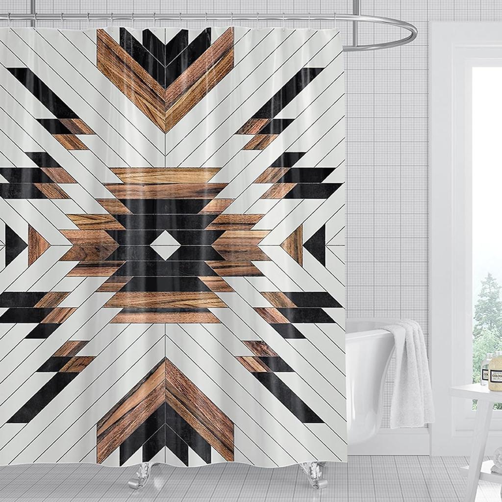 Bohemian Aboriginal Badezimmer Dekorativer Duschvorhang Moderner Neutraler Stammes-Holzstrukturierter Badezimmer Dekorativer Duschvorhang