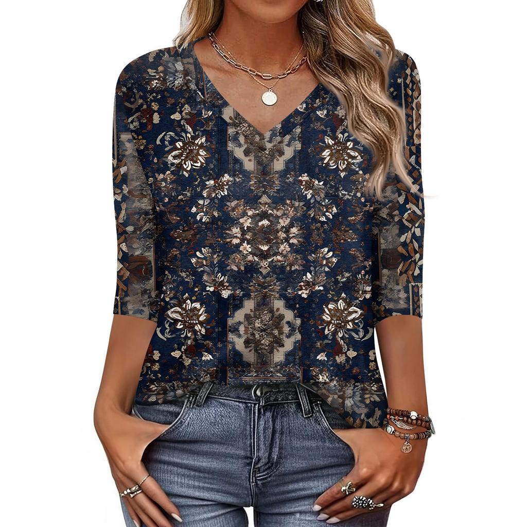 Tricou de damă cu imprimeu, mânecă 3/4, pentru zi de zi, weekend, modă, de bază, cu gât în V, top normal