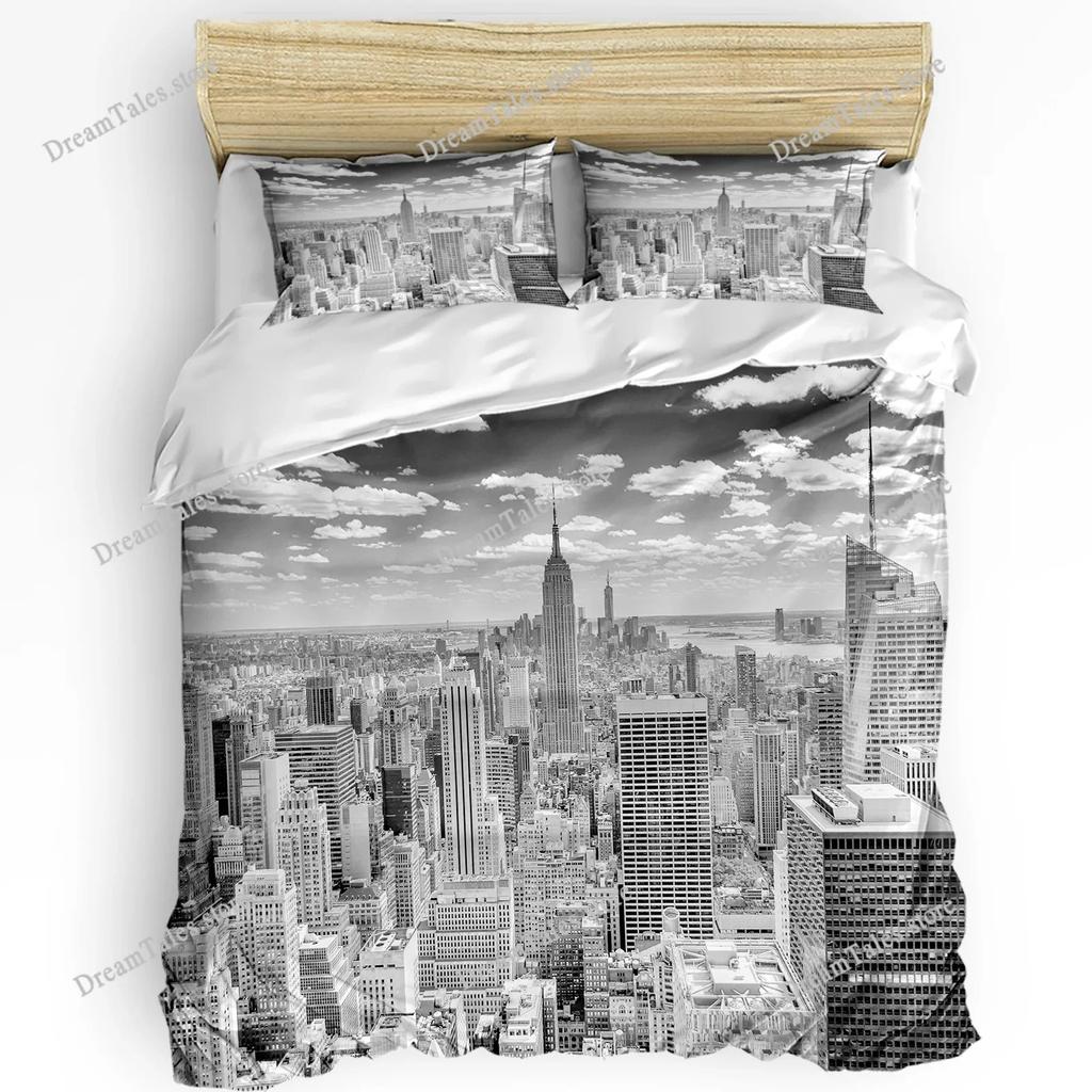 Bedding Set Business City Scenery New York Black and White Duvet Cover Pillow Case Boy Kid Teen Girl Bedding Covers Set