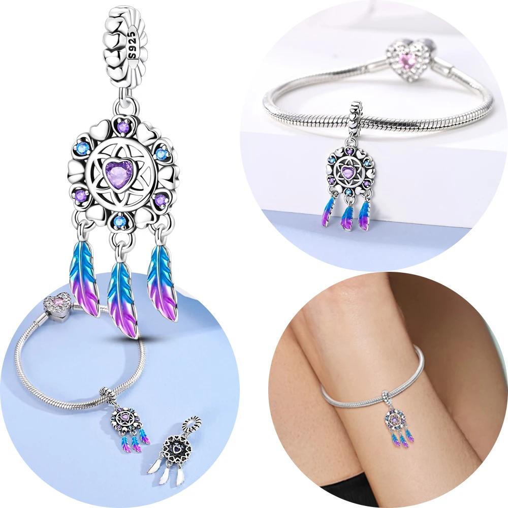 Purple-Feather Dream Catcher Fantasy Beads Pendants Genuine Copper Bead Fits Bracelets Anniversaries Gifts Accessory Do-It-Yourself