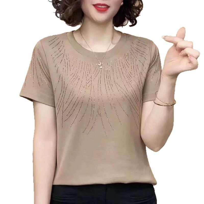 Women's Summer Rhinestone Slimming Round Neck Short Sleeve T-Shirt