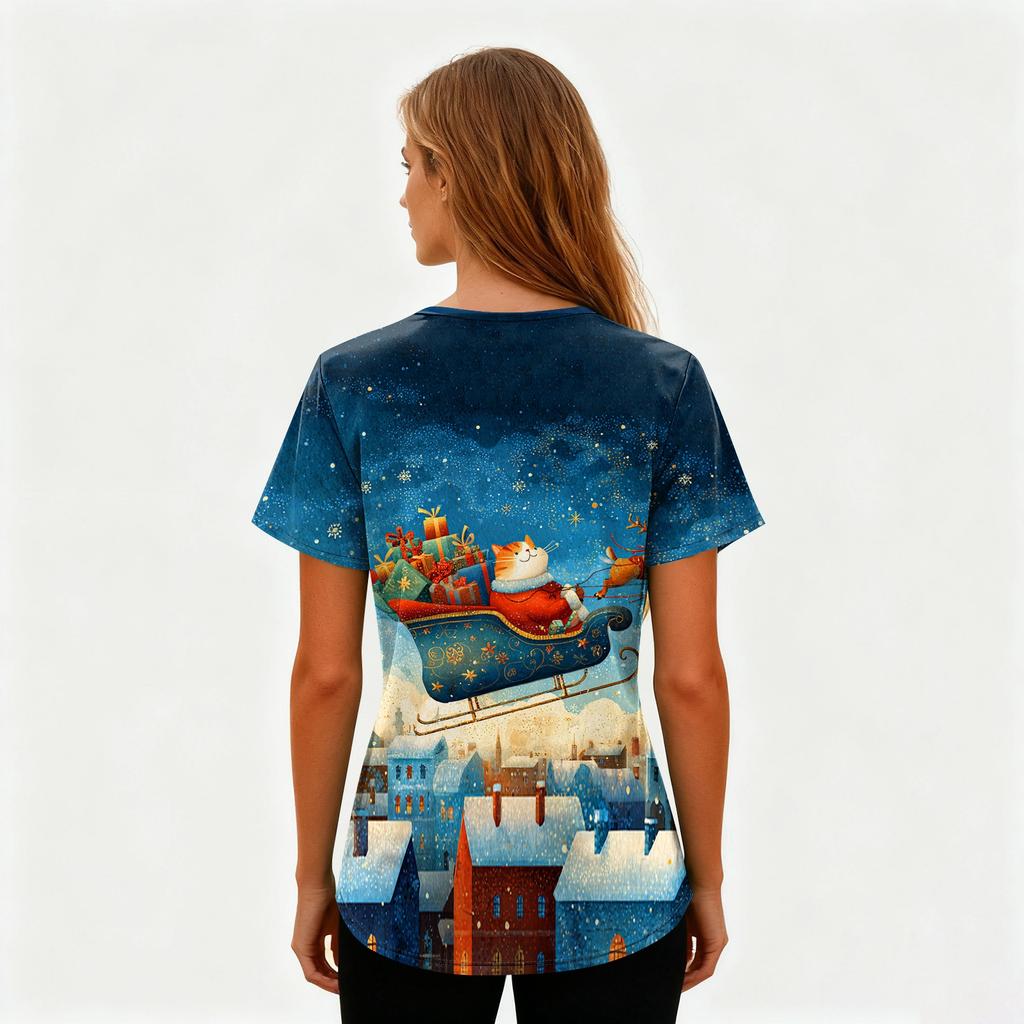 Women's Printing Uniform Work Uniform V-neck Pockets Basic Short Sleeve Pullover Top