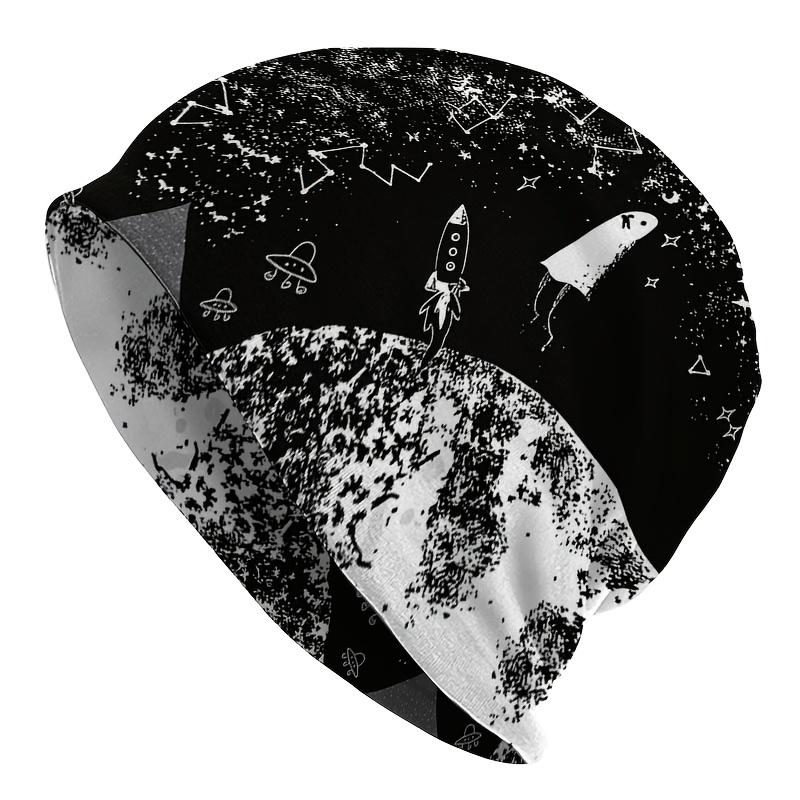 1 Unisex Street-style Starry Sky Themed Knit Hat - Featuring a Black and White Hand-drawn Rocket Design, Made of Durable Knit Fabric with a Comfortabl