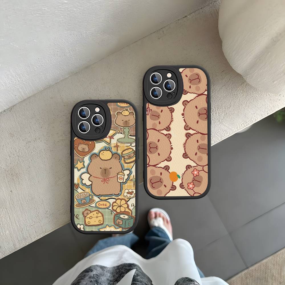 Cartoon Capybara Leather Phone Case For IPhone 16 16e 15 14 13 12 11 Pro Max Plus Mini Cover