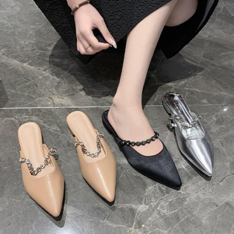 Summer French-style Thong Sandals with Chain Pointed Toe Mules, Half-slip Square Heels, Casual High-heeled Sandals