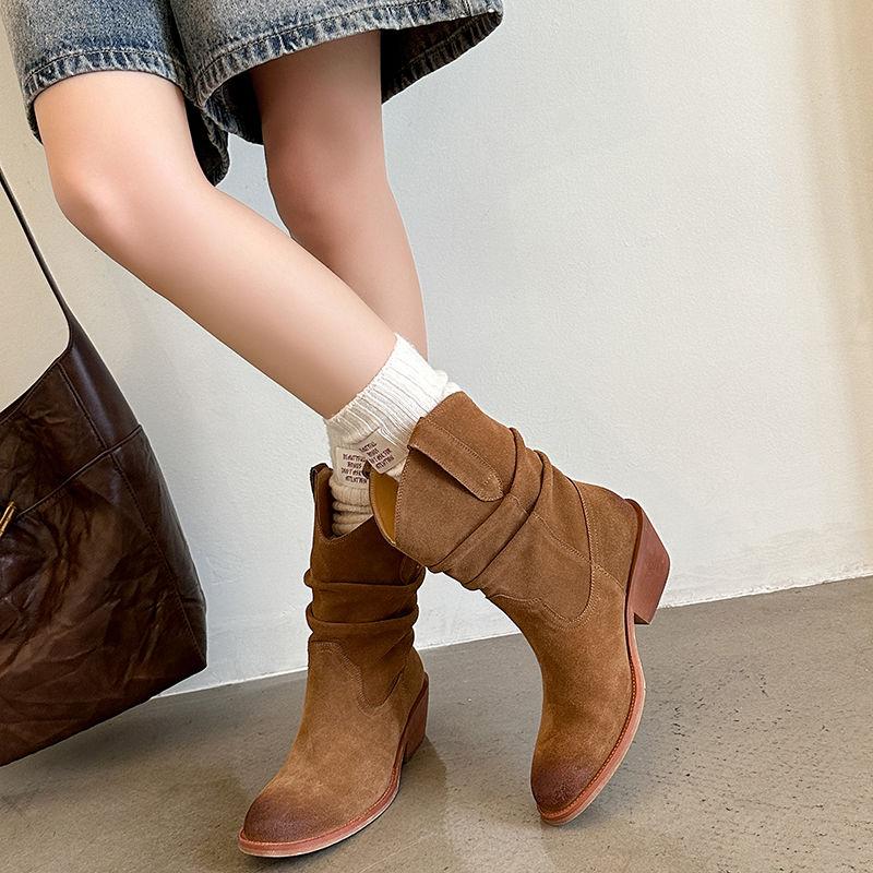 Fashion Western Boots Women Cow Suede Fashion Skin Lining Round Toe Ladies Street Sewing Boot Khaki Brown 5cm Block Heeled Ankle Boots