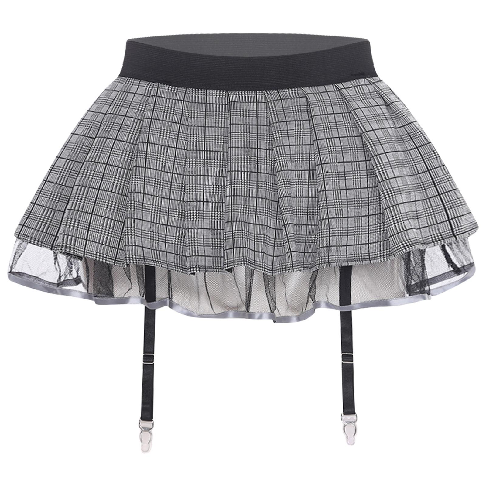 

Womens Schoolgirl Cosplay Miniskirt with Garters Pleated Plaid Layer with Tulle Lining Elastic Waistband Skirt XXL