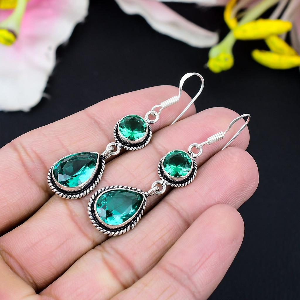 Green Tourmaline Gemstone Handmade 925 Sterling Silver Earring 2.56" KG-427