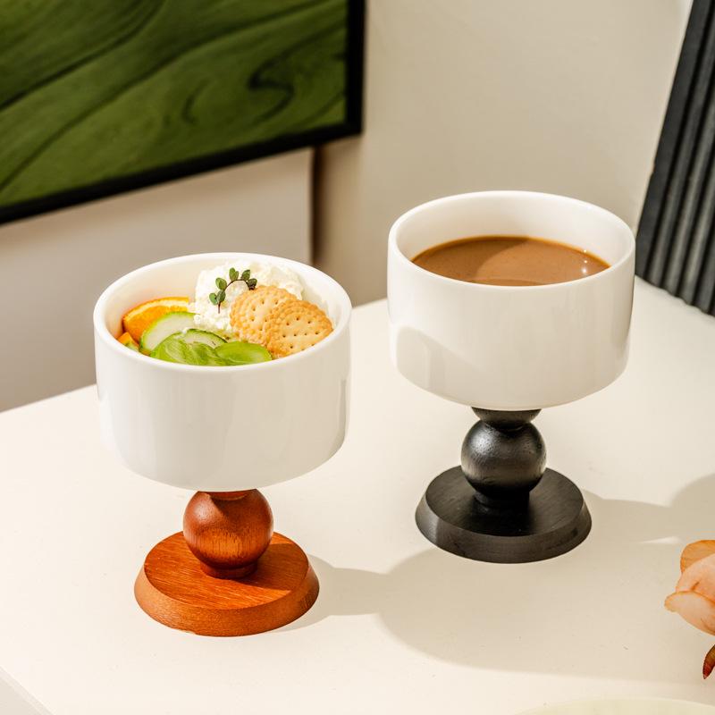 Retro Ceramic Cup with Wooden Stem: French Dessert, Ice Cream, Pudding, or Candle Holder