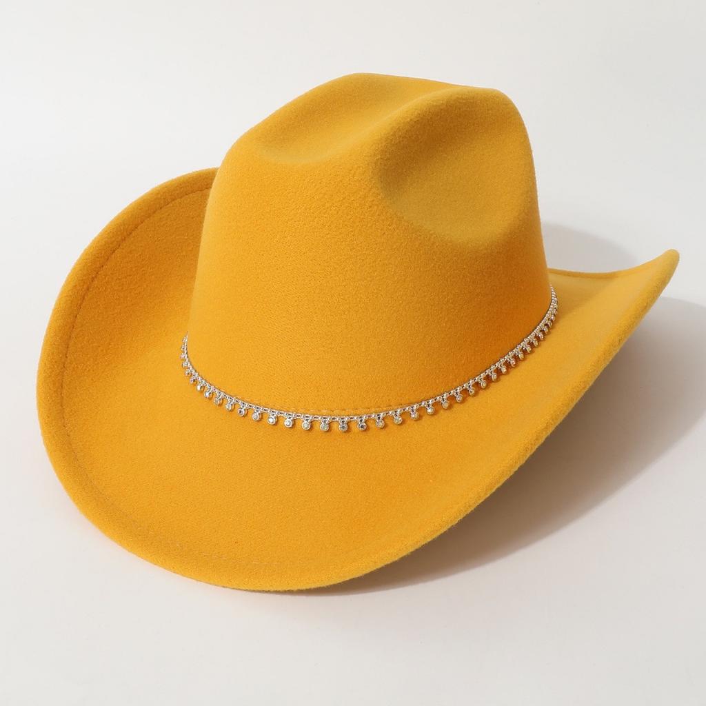 New European and American style flat-top woolen hat, western cowboy hat, unisex hat, equestrian hat with single row of rhinestones