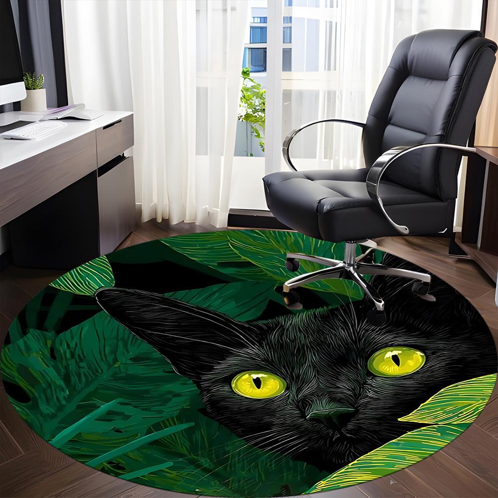 1PC Black Cat, Jungle Office Round Area Rug, Indoor Mat Suitable ForOffice, Under Office Chairs Bedroom Living Room Home Decor, Room Deco g089