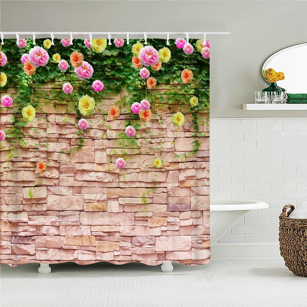 Vattentät Duschdraperi med Blommor Gräs Växt Stenmur för Badrum Badgardiner Extra Lång 180*200 CM 3d Duschdraperi
