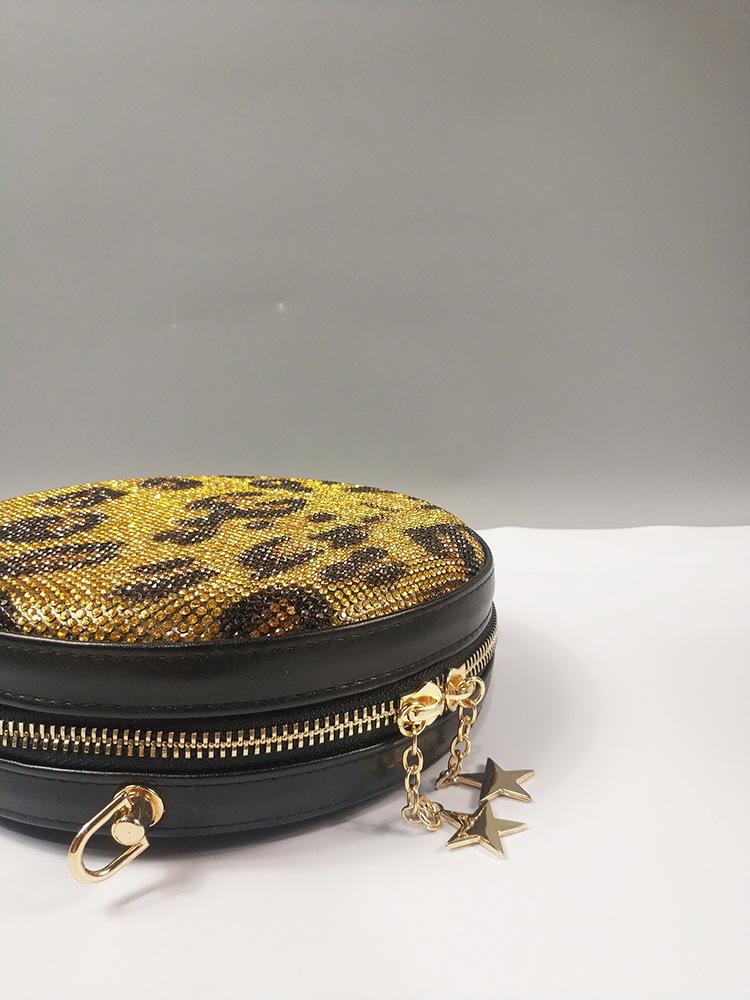 

Large capacity oblique bag leopard print rhinestone round shoulder bag metal iron chain cylindrical copper tooth chain new in autumn and winter