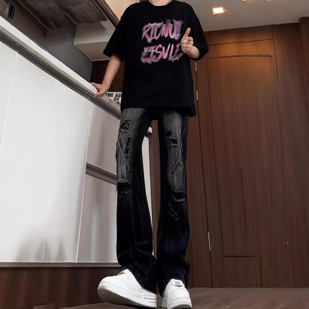 

JYL Men s Flare Jeans Black Ripped Bootcut Summer American Tall Slim High-Street Denim 2XL амарантовий