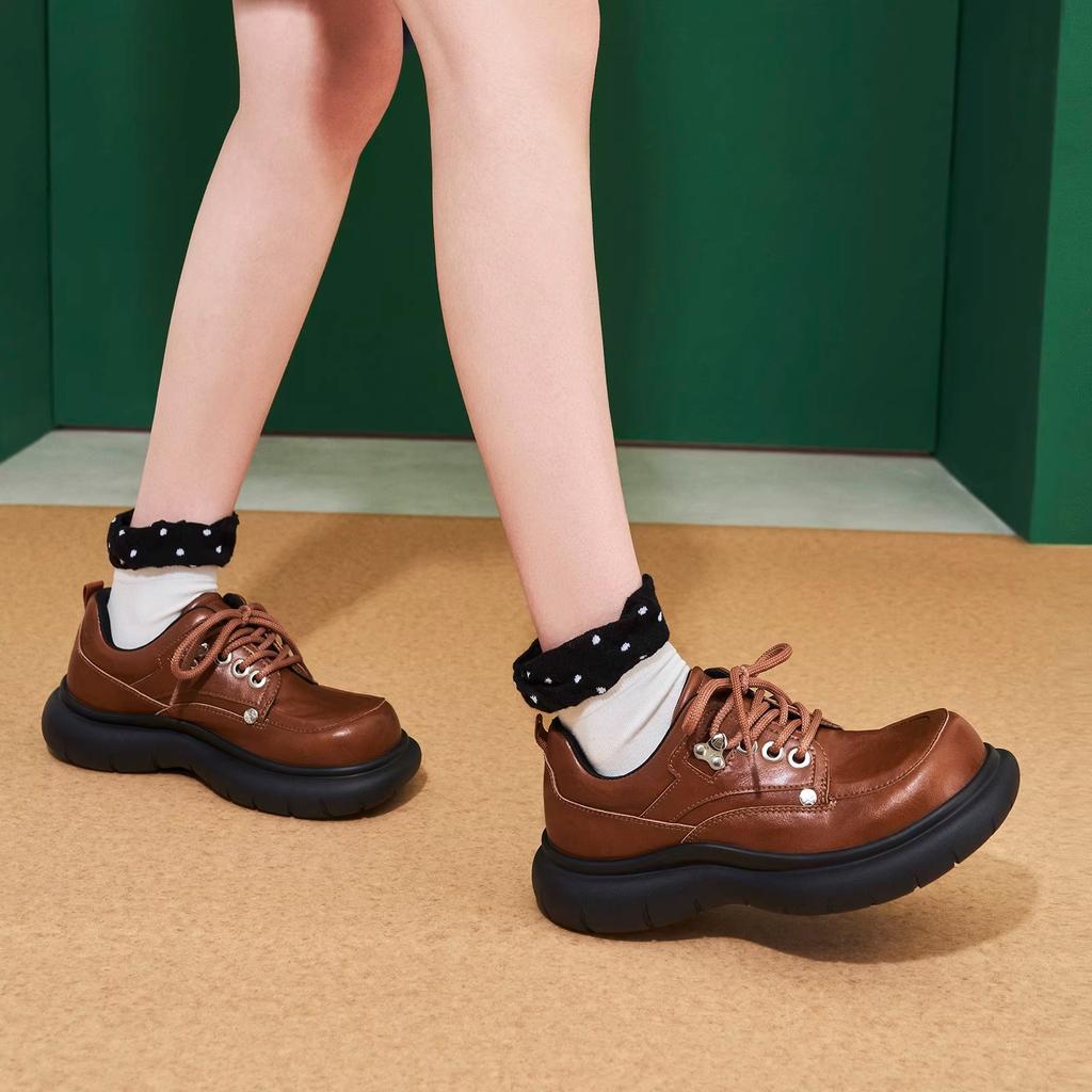 Gu Yunshu 2024 Autumn and Winter New Black Lace-up Small Leather Shoes Platform-soled Versatile Single Shoes Fashion Casual Shoes Women