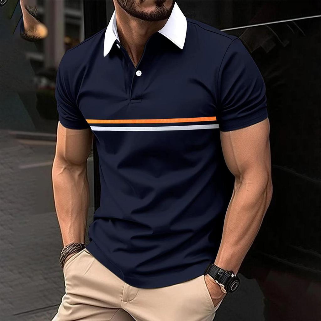 Men's Fashion Patchwork Polo Shirts Casual Pullover Lapel Button Tops Short Sleeve Summer Polos For Man