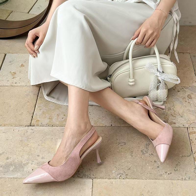French Temperament Fairy Style Bag Head Sandals Women's Shoes Pink Pointed High Heels Empty Suede Single Shoes Women After Commuting