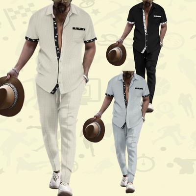 Men's  Waffle Casual Suit Sets Solid Plaid Loose Sport Sets Short-sleeved  Shirts Pants Men Tracksuit