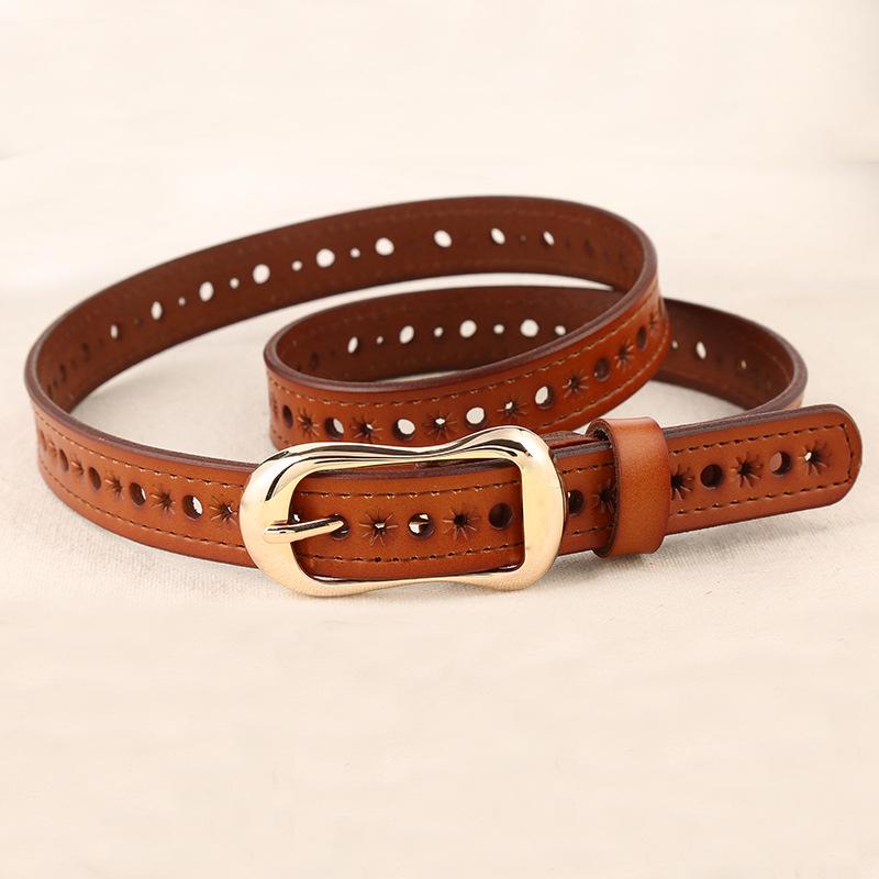 Women's Genuine Leather Hollow Pin Buckle Belt - Fashionable, Versatile, Retro Casual Waist Belt for Jeans
