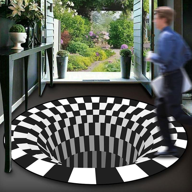 3D Illusion Vortex Carpet: Black & White Grid Round Floor Mat