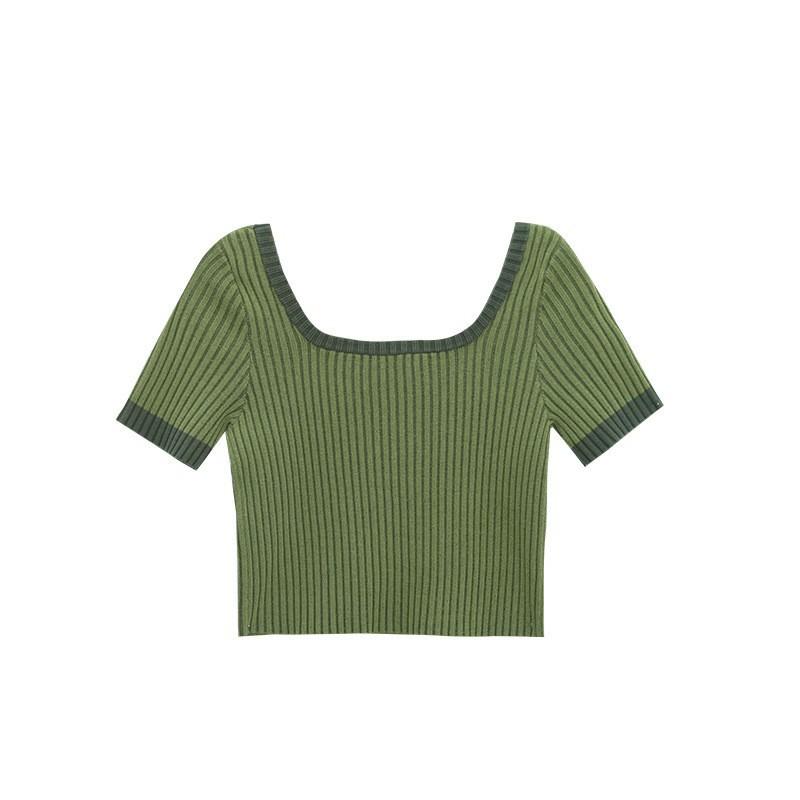 

Модная блузка с воротником-стойкой, кардиган с квадратным вырезом и высокой талией, трикотажная футболка для женщин, открытая короткая, с короткими рукавами, повседневные облегающие свитера, футболки One size зелёный