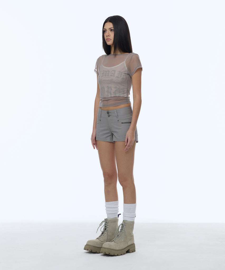 Gillaakaibeu Lettering Logo Backless Sheer Crop Top_Grey
