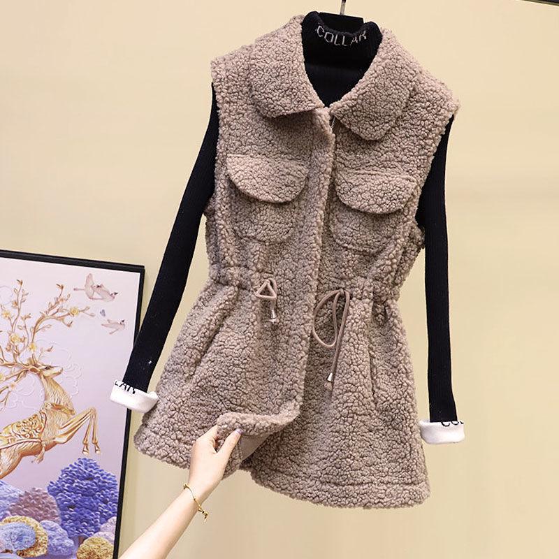 Lamb Wool Waistcoat Jacket Female Autumn and Winter Loose Mid-length Outer Jacket Solid Color Pocket Sleeveless Sweater