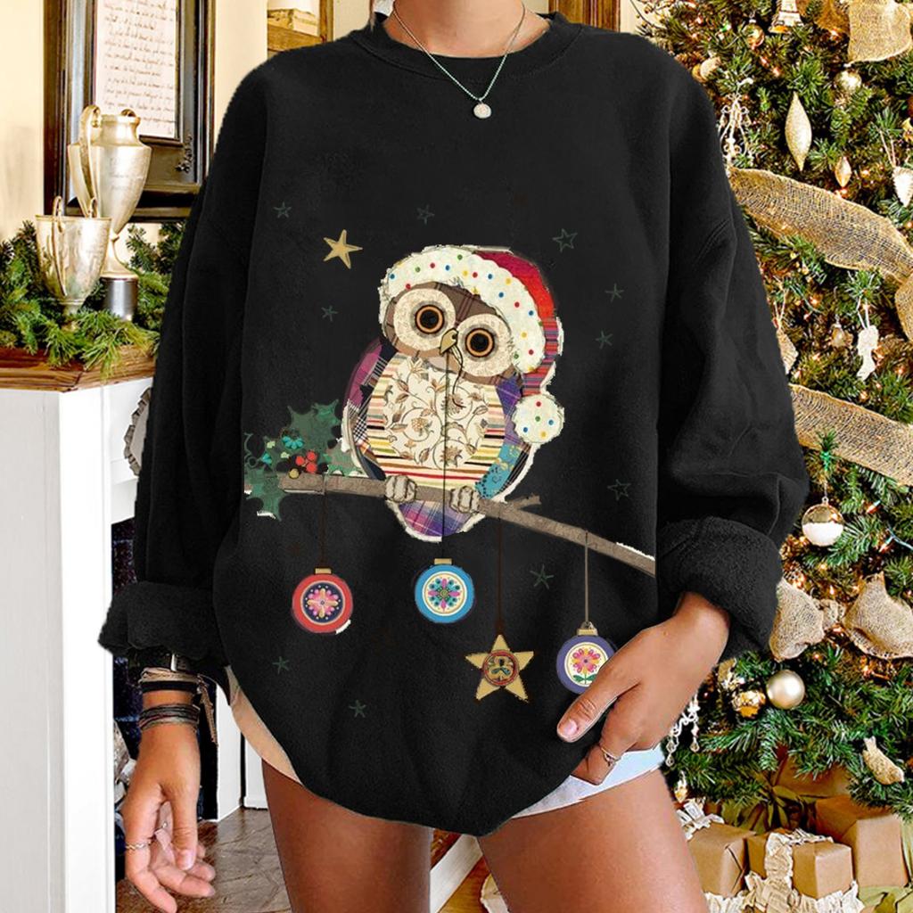 Women's Fashion Casual Christmas Print Round Neck Sweater Loose Sports Tops Pullover