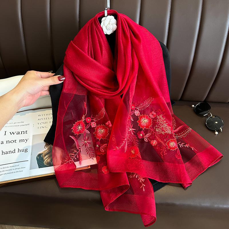 New silk wool scarf Shawls Wraps Women Floral Embroidery Foulard Headkerchief Pashmina Poncho Scarves Headband Hijab Bandana