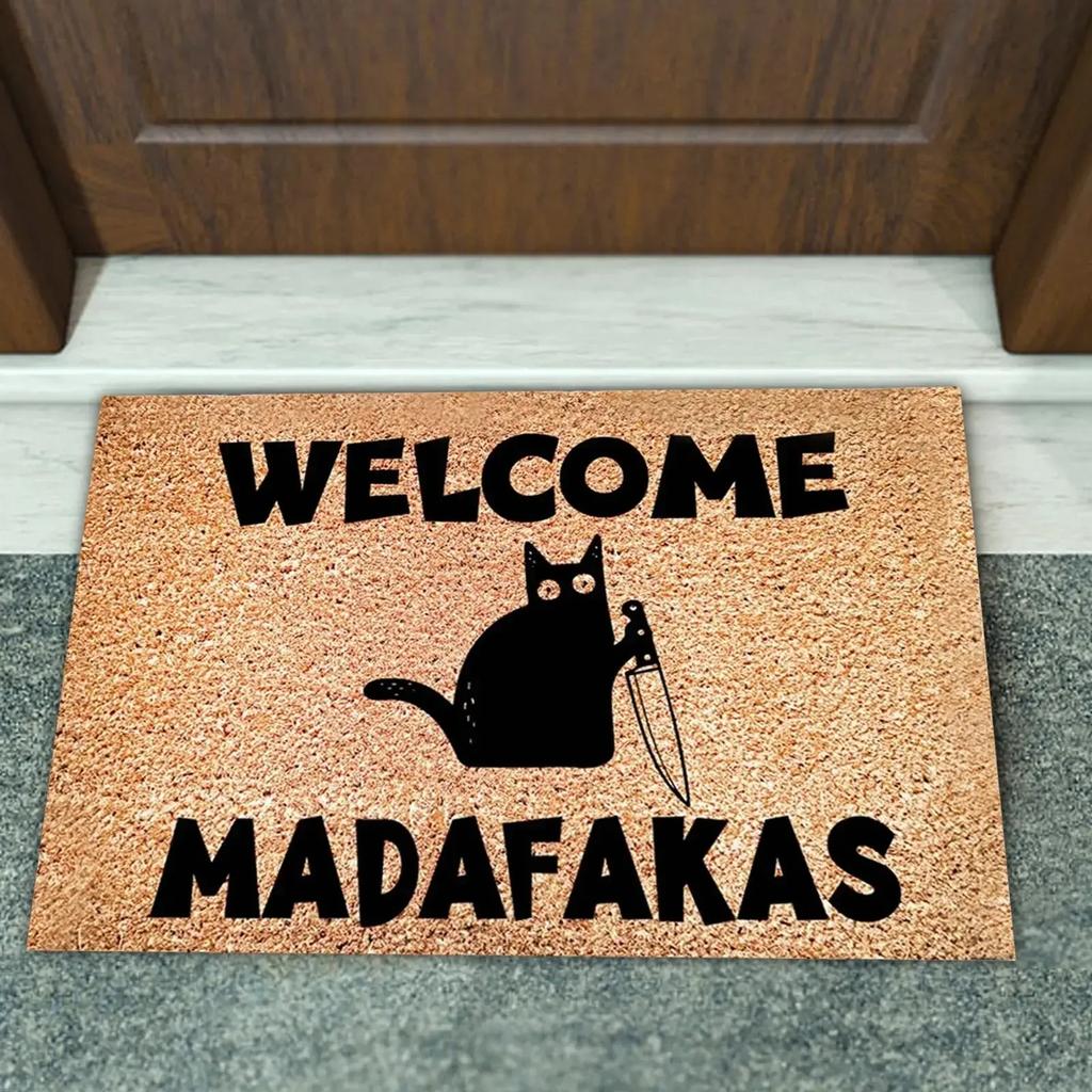 Black Cat Welcomes Madafakas Printed Doormat Home Decor Fun Kitchen Bedroom Rug Indoor Outdoor Entryway Doormat
