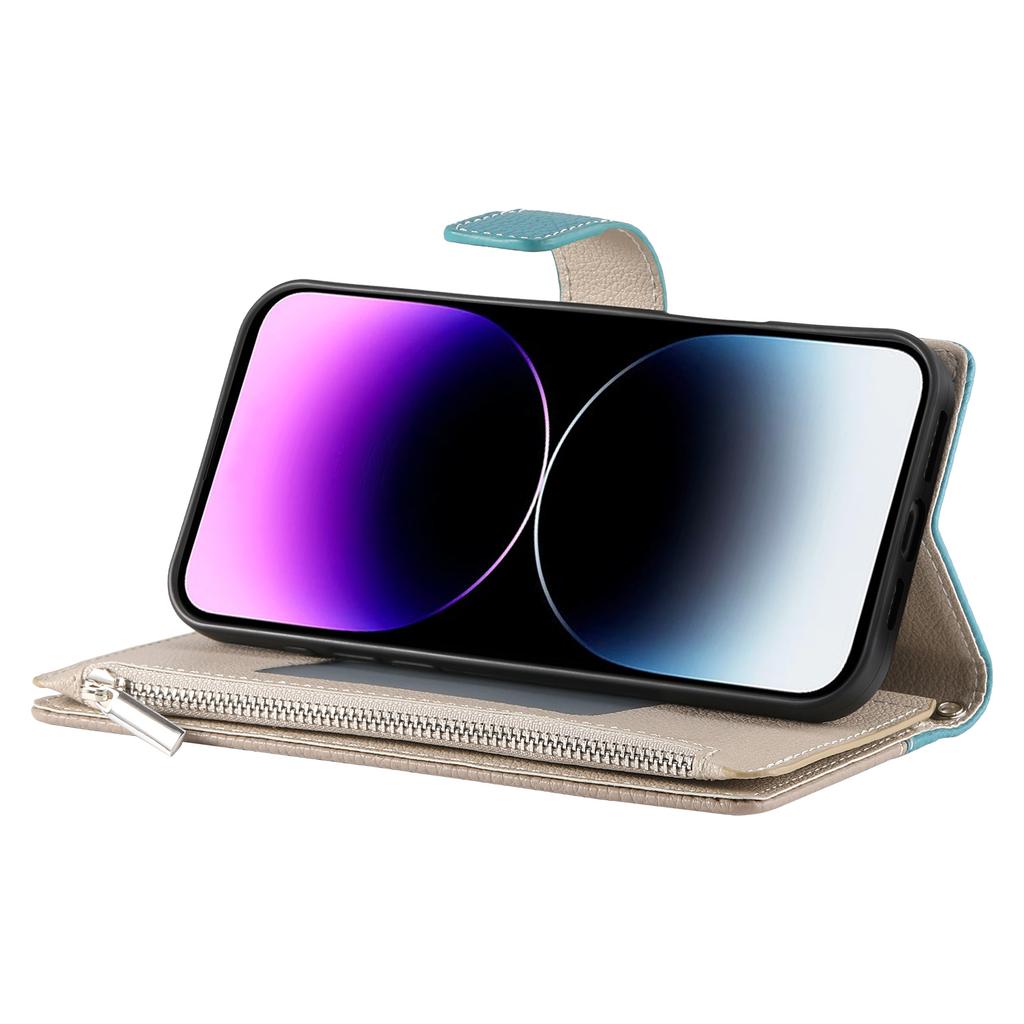 For iPhone 14/13 Case Zipper Pocket Wallet Color Splicing Leather Flip Phone Cover with Straps