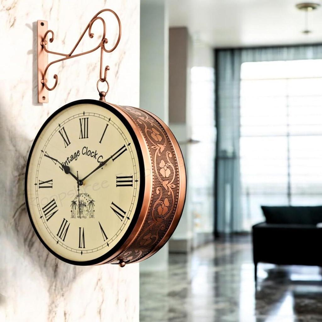 (12 INCH - Two Side Roman Numbers) Vintage Clock Handcrafted Double Side Clock , Rose Gold Finish, Floral Design, Iron