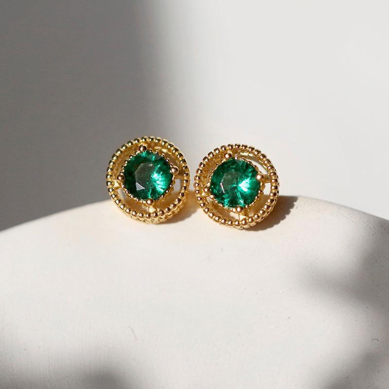 Beixi S925 Sterling Silver Baroque Carved Emerald Stud Earrings for Women - French Light Luxury High-End Retro Design