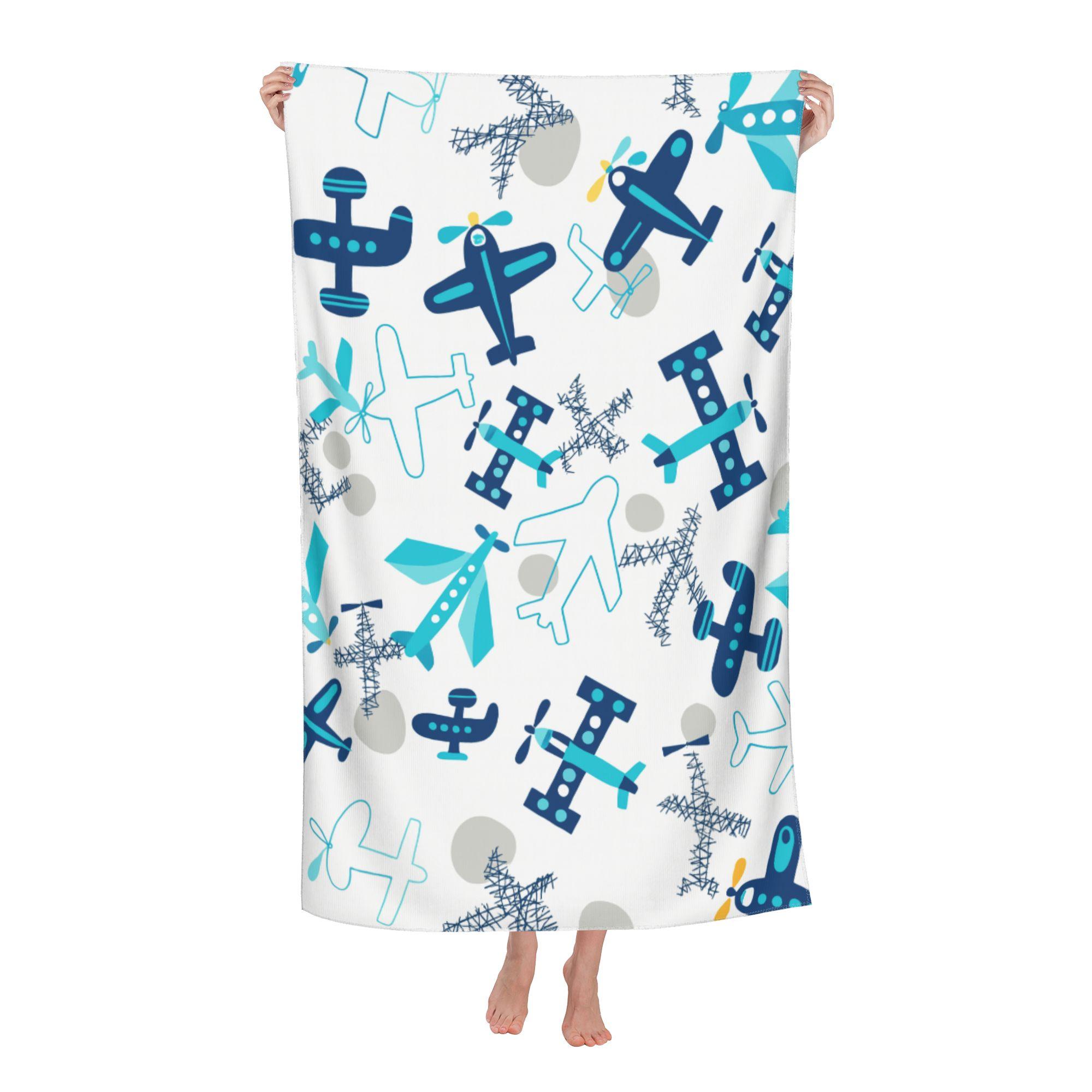 Ka Chen Muxi White Aviation Themed Cartoon Style Airplane Pattern Beach Towel Natural Sand Ultra-Fine Fiber Bath Towel Ultra Soft Quick Drying