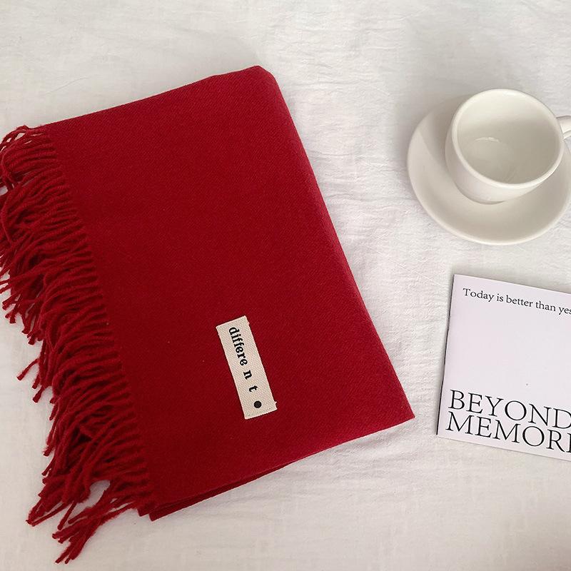 Flowing Fringe, Color-blocked, Simple Design, Faux Cashmere-like Scarf, Winter-thick, Cape-style, Student-friendly, Solid Color.