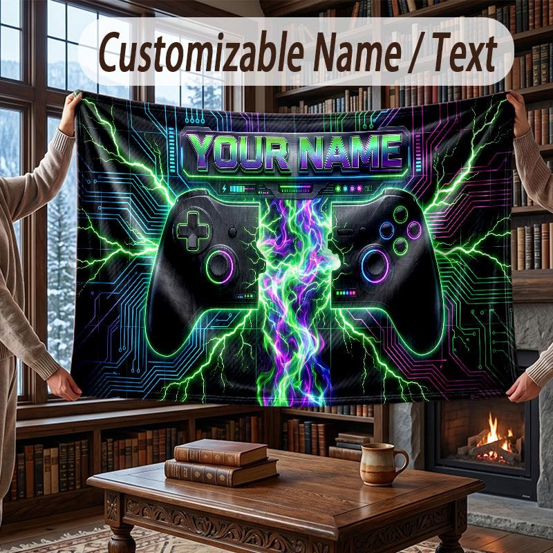 Game Controller Theme Throw Blanket Custom Name Text Personalized Blanket Soft Cozy Blanket for Home Sofa Bed