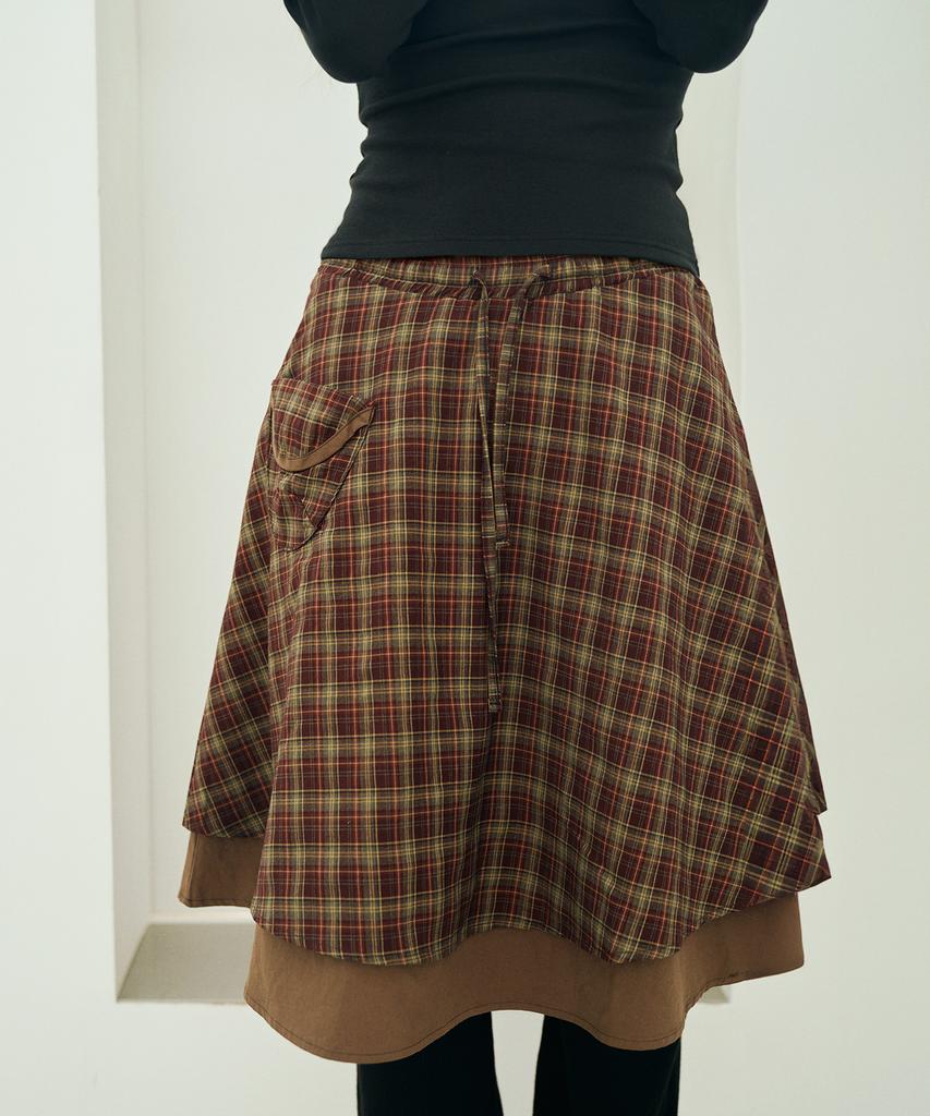 Mihebeu Check Pocket Midi Skirt Burgundy Brown