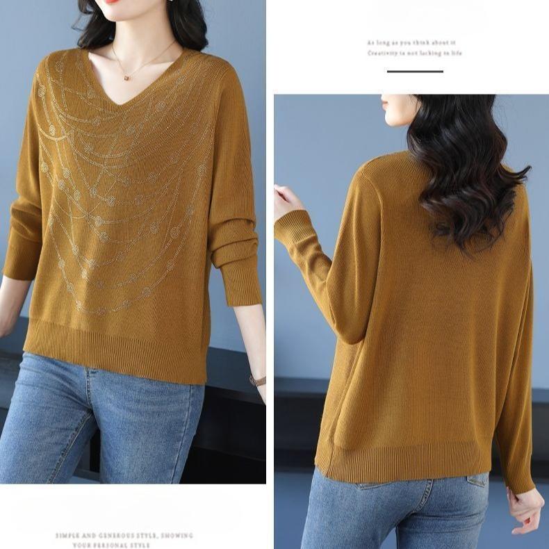 Maglione da donna con scollo a V Primavera Autunno Manica Lunga Ampio Morbido Delicato sulla Pelle Top a Maglia Pullover a Maglia con Strass