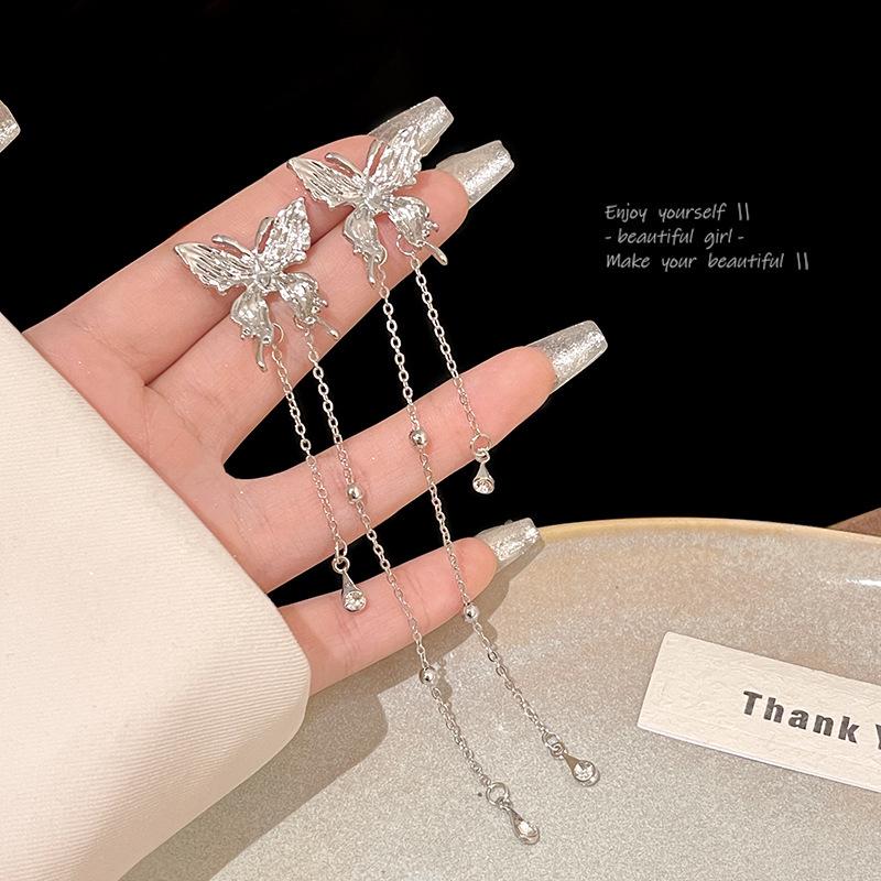 Korean-Style Diamond Tassel Bow Earrings - Elegant Long Earrings for All Occasions
