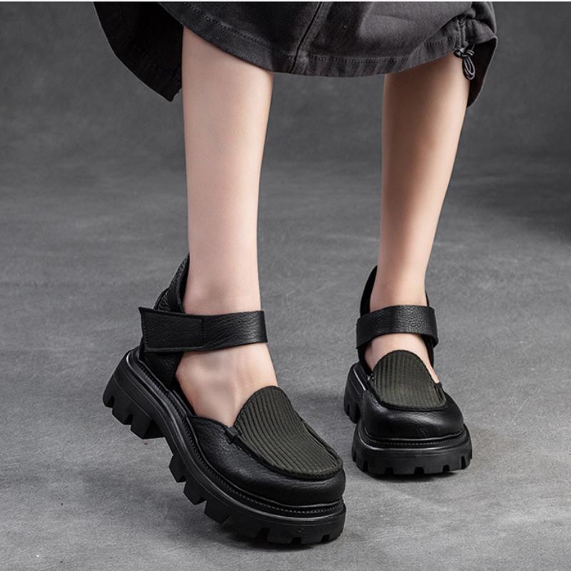 Johnature Sandali retrò con suola spessa Scarpe da donna versatili con chiusura a strappo in vera pelle