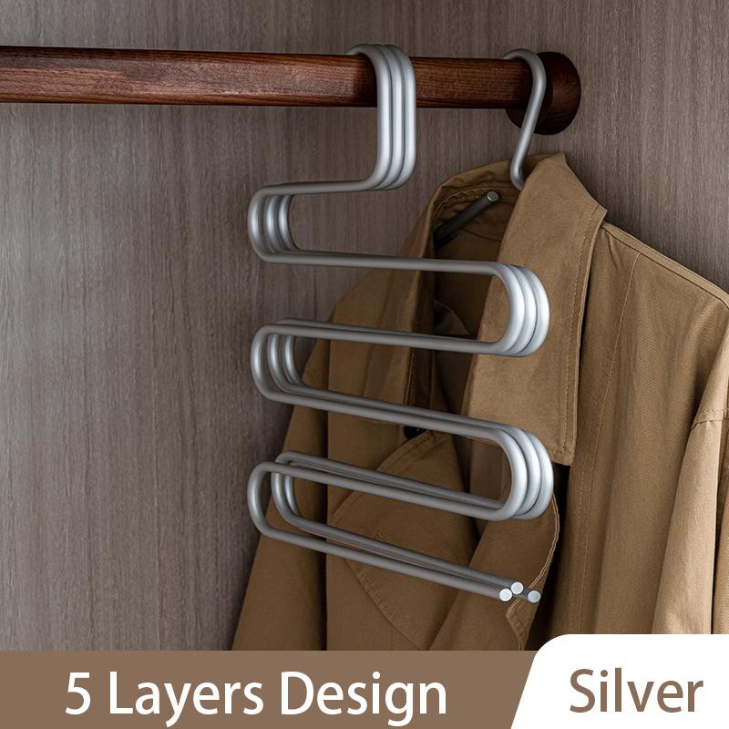 Многофункциональная вешалка для брюк S-образной формы, вешалка для шарфов из алюминиевого сплава на 5 слоев для шкафа, органайзер для хранения галстуков 1PCS серебряный