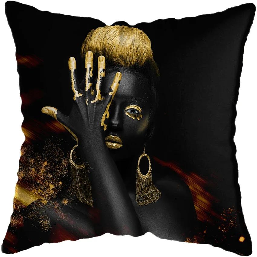 Modern Living Room Black Gold African Lady Woman Style Look Art Deco Sofa Pillowcase Cushion Cover