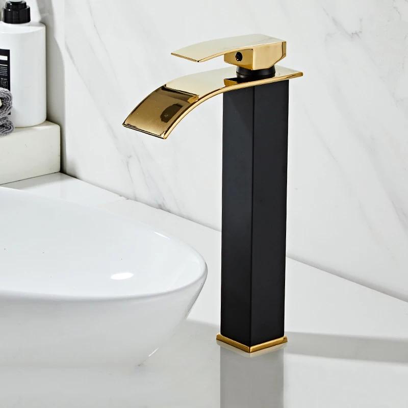 Black Waterfall Bathroom Basin Faucet Waterfall Spout Vanity Sink Mixer Tap Brush Gold Sink Faucet Tall short Style Chrome Gray