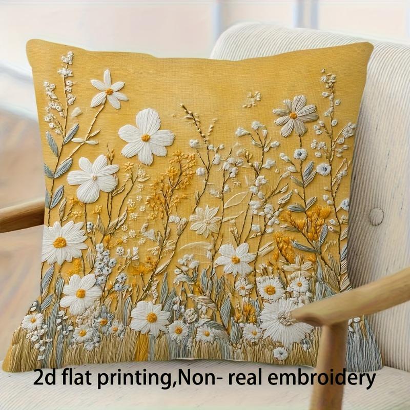 Gele Wildebloem Kussenhoes 2D Geborduurd Print Boho Botanische Kussensloop Voor Bank Bed Bank Gezellig Cottage Huisdecoratie Peach skin 18*18(CM)-1Pcs