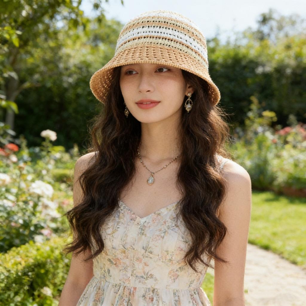 Color knitted hollow breathable bucket hat women's summer outdoor face small sunshade bucket hat women's basin hat
