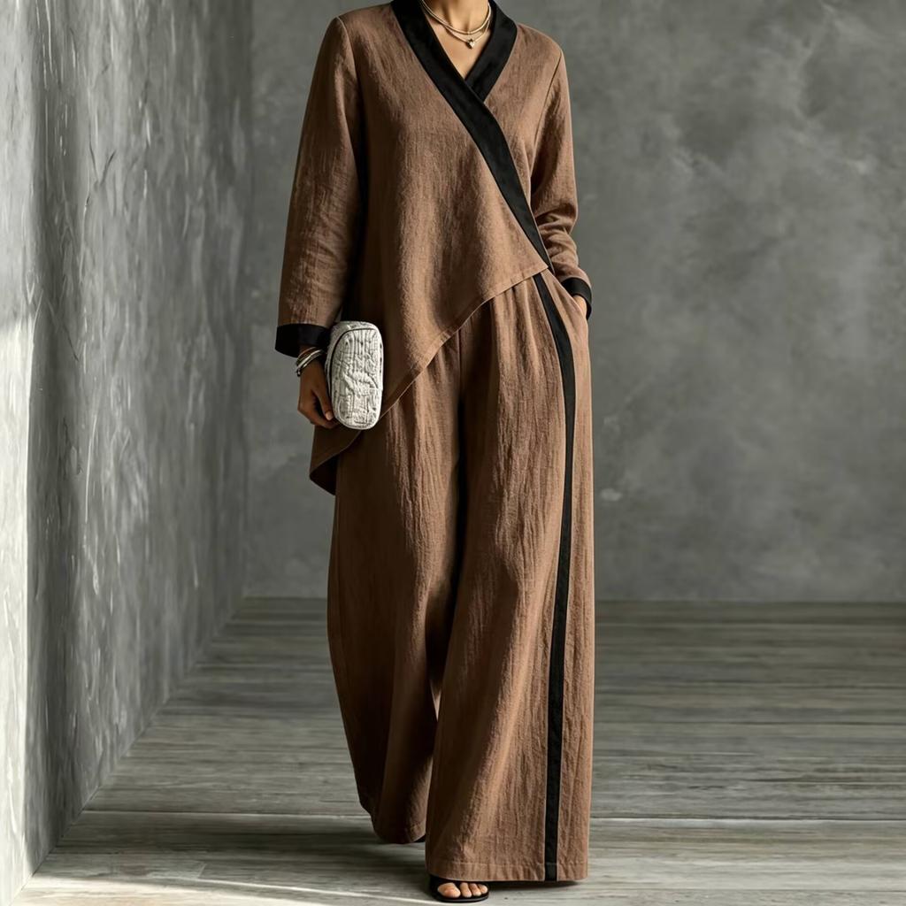 2026 Autumn Women's Clothing Popular Contrasting Color V-neck Irregular Top Wide-leg Pants Loose Casual Suit