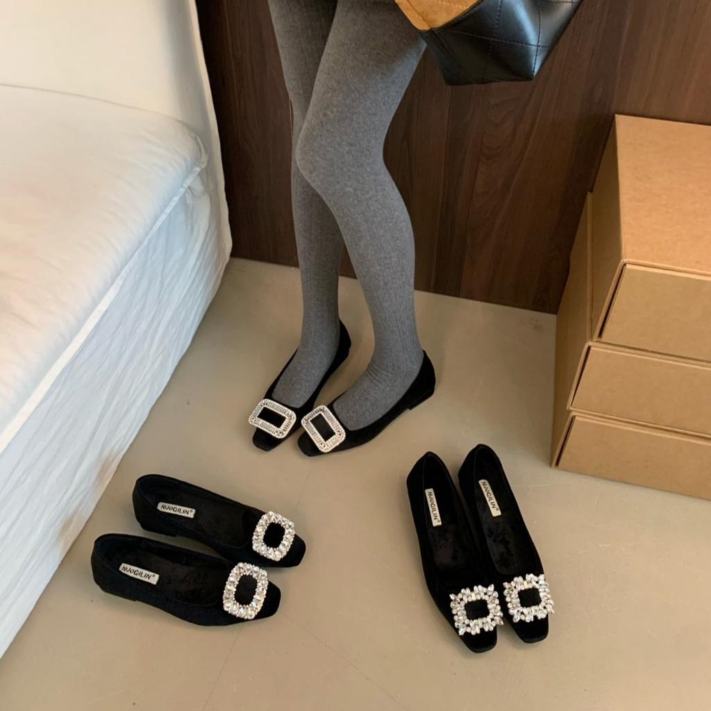 Spring and autumn new rhinestone temperament shallow single shoes women's low heel square head French fairy velvet evening shoes