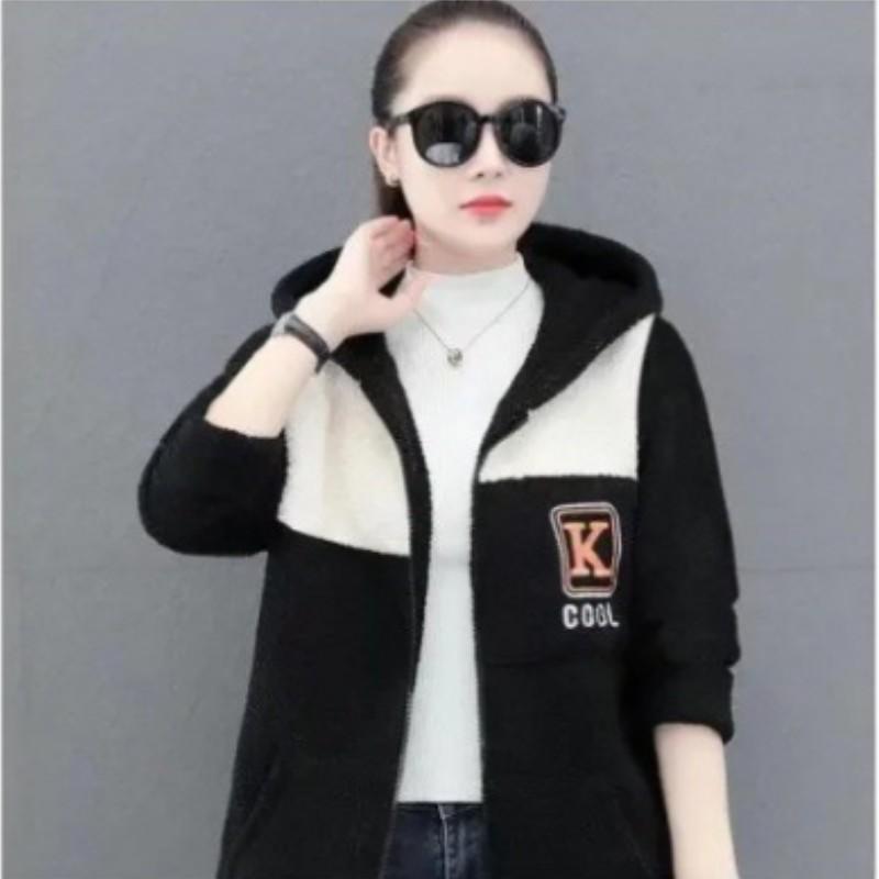 Women's Fall/Winter Mid-Length Two-Tone Lambswool Jacket with Embroidered Long Sleeves