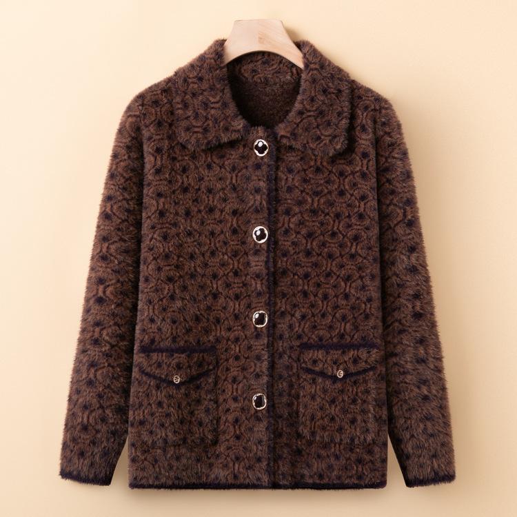 Middle-aged Mother Imitation Mink Wool Knitted Jacket Middle-aged and Elderly Women's Thickened Large-size Sweater Jacket Old Lady Clothes